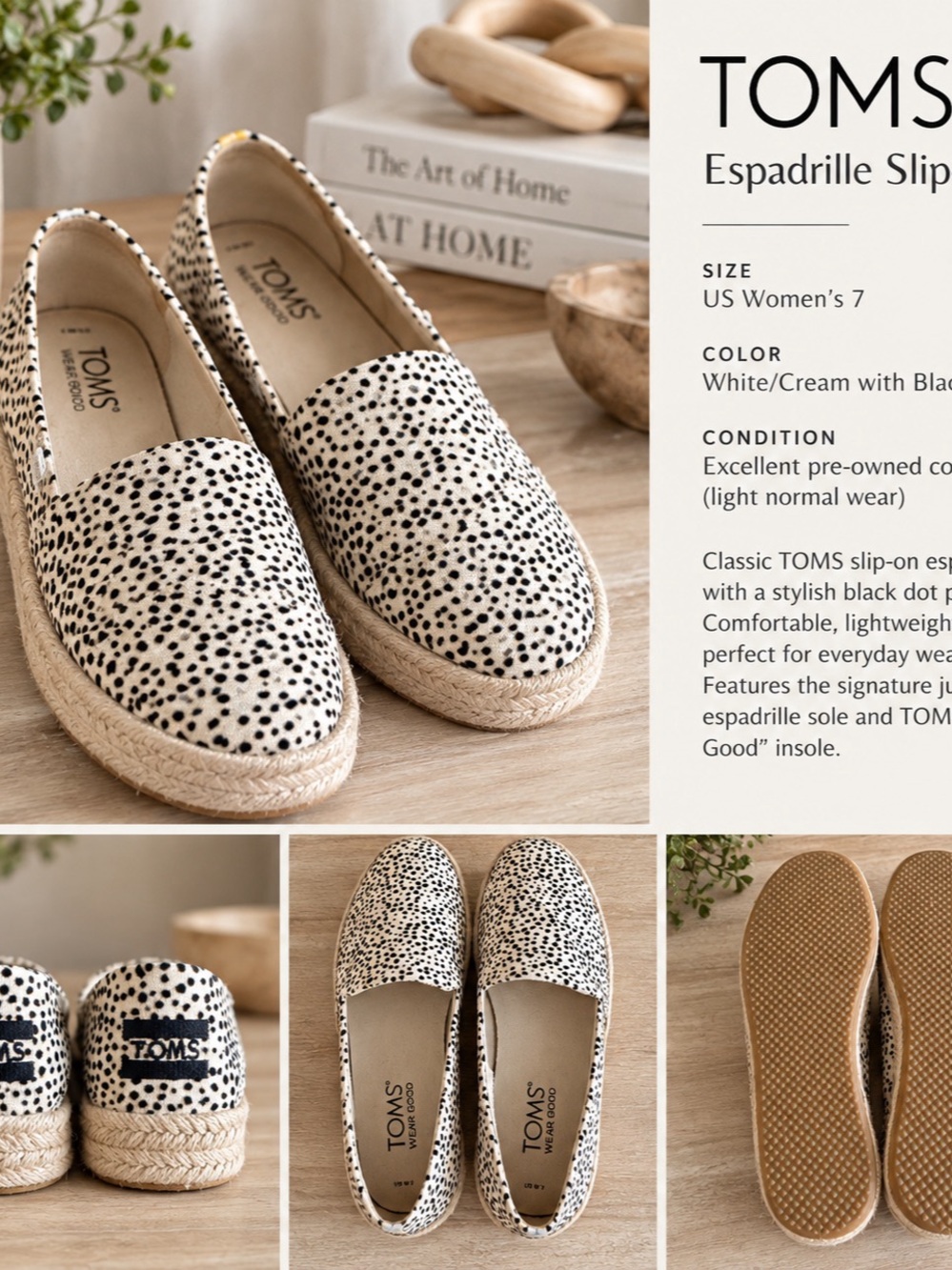 TOMS Spotted Espadrille Slip On Shoes Cream Black Size 7